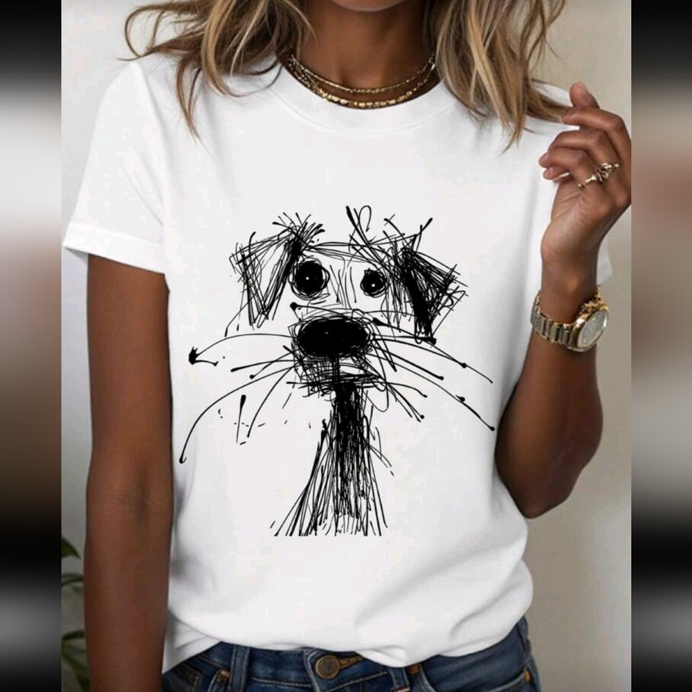 White Dog Sketch Doodle Print Short Sleeve T-Shirt Top